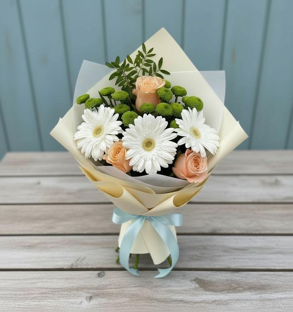 Букет цветов из: Герберы, Розы и Хризантемы в Пролетарий