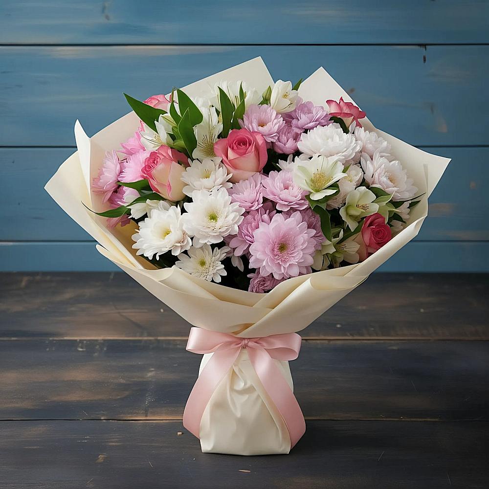 Букет цветов из: Хризантемы, Альстромерии и Розы в Пролетарий